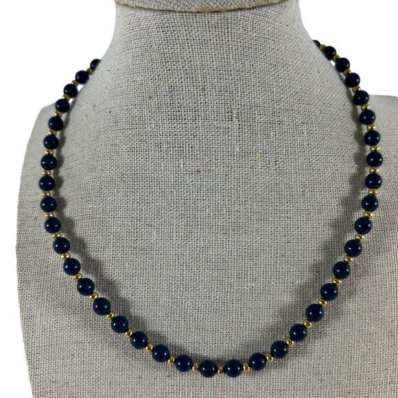 Vintage Monet Navy Blue Gold Tone Beaded Necklace Classic Delicate Career - Picture 1 of 8